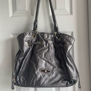 Elliott Luca Silver Pewter Metallic Leather Drawstring Large Bucket Bag